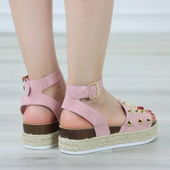 Dusty Pink Nubuck Metal Stud Sandals Espadrille Platform Heel - Picture 13 of 13